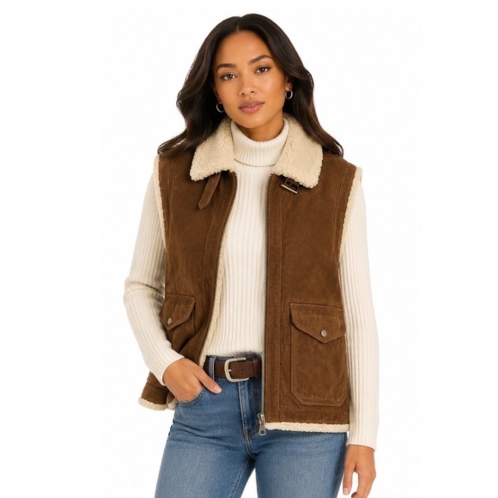 Express Vintage Brown Suede Leather Shearling Lined Vest Western M Vintage 64-11
